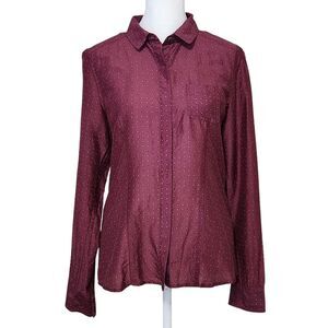 Halogen Burgundy Silk Cotton Blend Mini Polka Dot Button Down Shirt Women's XS